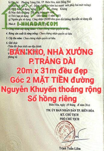 BÁN RẺ KHO, NHÀ XƯỞNG TRẢNG DÀI, GÓC 2 MẶT TIỀN ĐƯỜNG NGUYỄN KHUYẾN, SỔ HỒNG RIÊNG