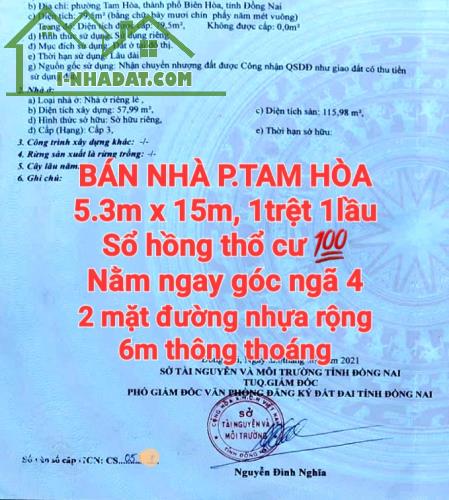 BÁN NHÀ ĐẤT TAM HÒA, 1TRỆT 1LẦU, 2 MẶT ĐƯỜNG THOÁNG RỘNG, GẦN BỆNH VIỆN ĐỒNG NAI