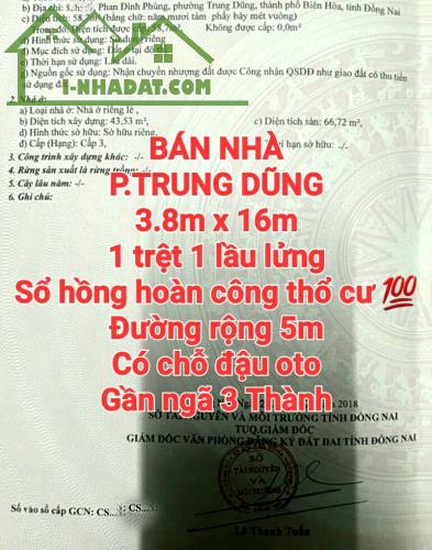 BÁN NHÀ TRUNG DŨNG, 1TRỆT 1LẦU LỬNG, SỔ HỒNG THỔ CƯ, ĐƯỜNG RỘNG 5m