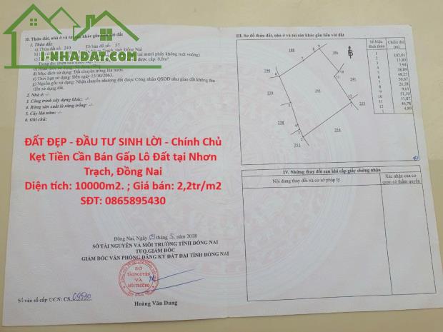 ĐẤT ĐẸP - ĐẦU TƯ SINH LỜI - Chính Chủ Kẹt Tiền Cần Bán Gấp Lô Đất tại Nhơn Trạch, Đồng Nai