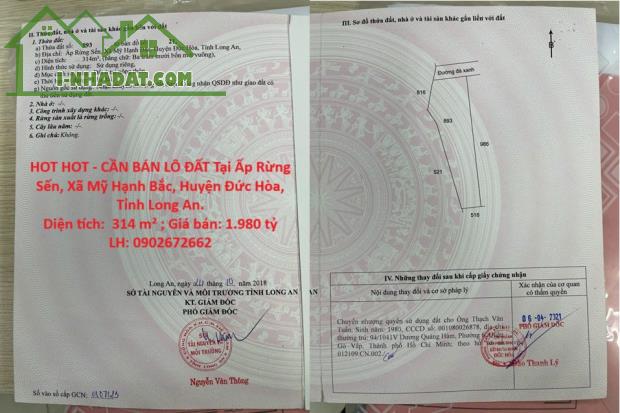 HOT HOT - CẦN BÁN LÔ ĐẤT Tại Ấp Rừng Sến, Xã Mỹ Hạnh Bắc, Huyện Đức Hòa, Tỉnh Long An.
