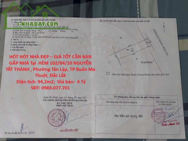 HÓT HÓT NHÀ ĐẸP – GIÁ TỐT CẦN BÁN GẤP NHÀ Tại  Phường Tân Lập, TP Buôn Ma Thuột, Đắc Lắk