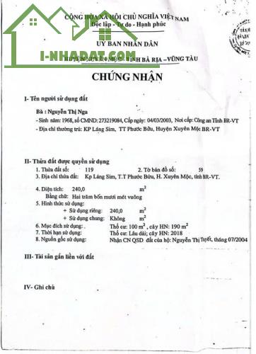 ĐẦU TƯ SINH LỜI - Chính Chủ Bán Đất Kèm Nhà Mặt Tiền Đường Thị Trấn Phước Bửu, Xuyên Mộc,