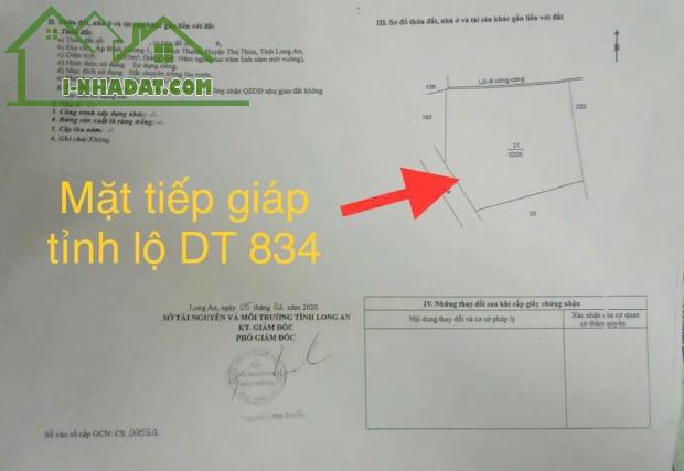 Bán đất lúa mặt tiền ĐT 834 , Bình Thạnh , Thủ Thừa dt 5200m2 giá 17 tỷ - 2