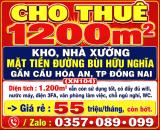 CHO THUÊ 1200m2 KHO, NHÀ XƯỞNG MẶT TIỀN ĐƯỜNG BÙI HỮU NGHĨA GẦN CẦU HÓA AN, TP ĐỒNG NAI